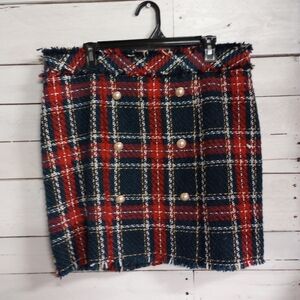 Pink Lily Women's Size 2XL Red Blue Tweed Skirt with Fringe, Lined, Back Zipper